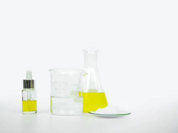 istock Cosmetic chemicals ingredient on white laboratory table. Polyaluminum chloride liquid, Microcrystalline wax, alcohol 1256456218