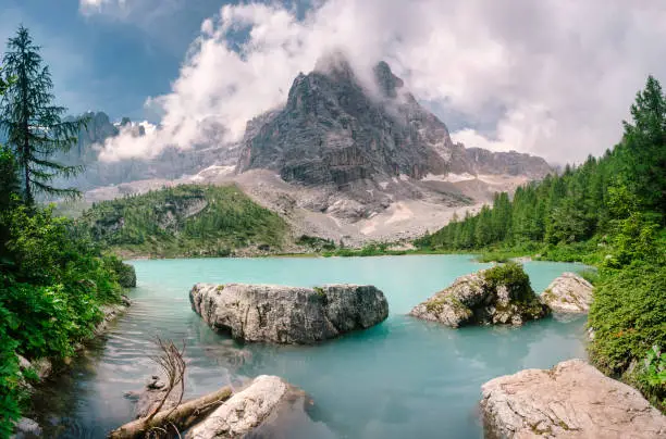 Italy - Sorapis Lake, Ampezzo Dolomites on a sunny day