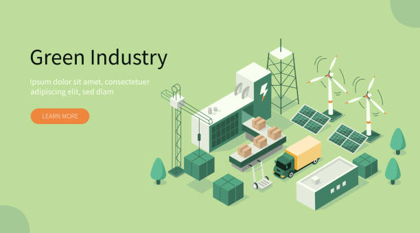 green industry Green Industrial Factory with Renewable Energy. Wind Electricity Generators and Solar Panels. Eco Power Station. Eco Industrial Development Concept. Flat Isometric Vector Illustration. industry illustrations stock illustrations