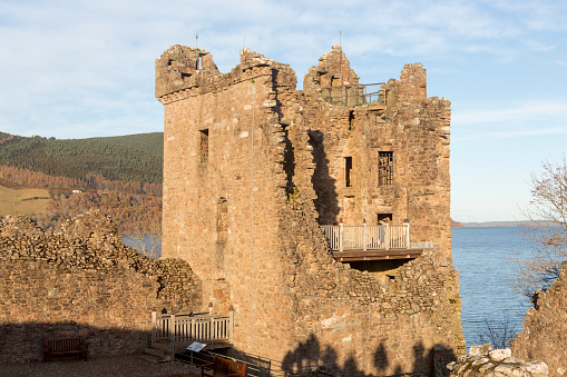historical Urquhart castle ruins by loch ness lake in highland scotland inverness england UK