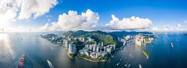 Aerial view of South side of Hong Kong Island, Daytime, sunny day Aerial view of South side of Hong Kong Island, Daytime, sunny day aberdeen hong kong photos stock pictures, royalty-free photos & images
