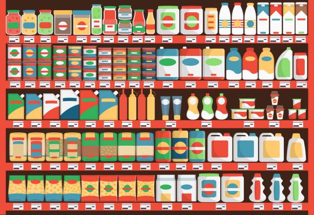 Supermarket.Colorful  shelves with products and drinks. Vector illustration. Supermarket.Colorful  shelves with products and drinks. Vector illustration. supermarket aisles vector stock illustrations