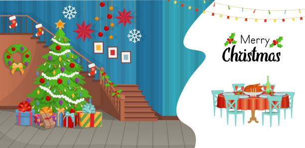 stockillustraties, clipart, cartoons en iconen met het binnenland van kerstmis met een trapkerstboom, vakantielijst met voedsel. ð¡artoon vector illustratie. - xmas tree