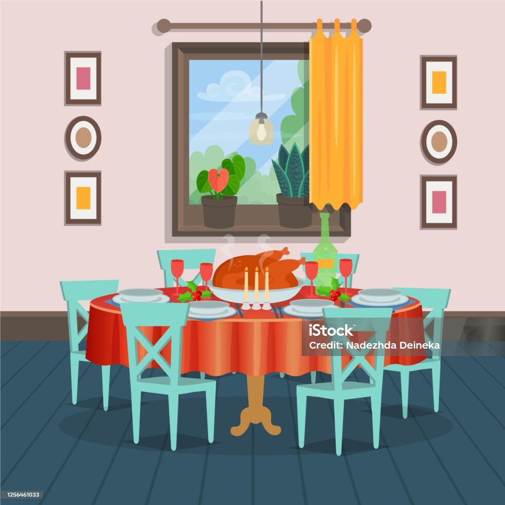 Holiday Table With Food And Window Modern Cozy Dining Room Interior With  Table With Chairs Paintings Window Indoor Plants Vector Illustration Flat  Cartoon Style Stock Illustration - Download Image Now - iStock