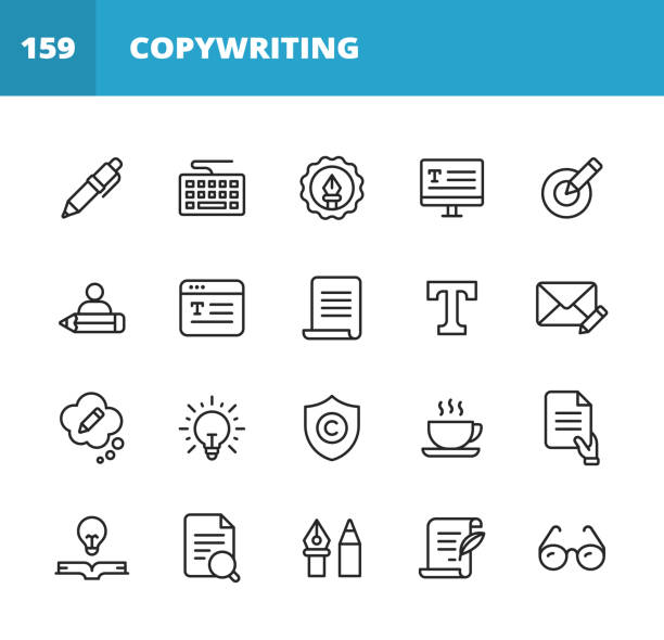 ilustrações de stock, clip art, desenhos animados e ícones de copywriting line icons. editable stroke. pixel perfect. for mobile and web. contains such icons as pencil, newspaper, magazine, pen, writing, reading, brainstorming, creativity, typewriter, marketing, book, notebook, quote, keyboard, idea, typography. - typewriter writing journalist typing