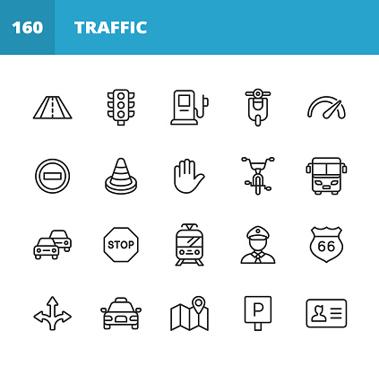 20 Traffic Outline Icons. Road, Traffic, Road Trip, Highway, Traffic Lights, Gas Station, Electric Car, Motor, Scooter, Transportation, Vehicle, Speedometer, Speed, Warning Sign, Stop Sign, Car, Human Hand, Taxi, Tram, Policeman, Direction, Navigation, Location, Map, Parking, Driving License.