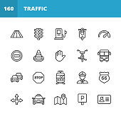 Traffic Line Icons. Editable Stroke. Pixel Perfect. For Mobile and Web. Contains such icons as Road, Traffic Light, Speedometer, Stop Sign, Traffic Cone, Car, Vehicle, Warning Sign, Map, Navigation, Taxi, Gas Station, Tram.