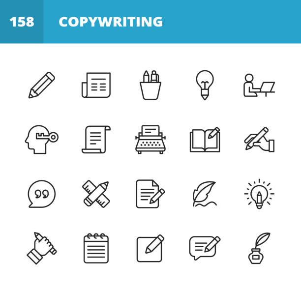 ilustrações de stock, clip art, desenhos animados e ícones de copywriting line icons. editable stroke. pixel perfect. for mobile and web. contains such icons as pencil, newspaper, magazine, pen, writing, reading, brainstorming, creativity, typewriter, marketing, book, notebook, quote, keyboard, idea, typography. - school pencil
