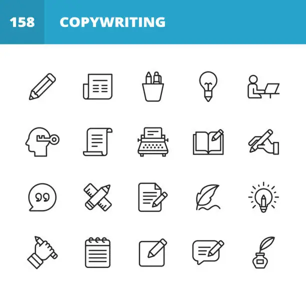 Vector illustration of Copywriting Line Icons. Editable Stroke. Pixel Perfect. For Mobile and Web. Contains such icons as Pencil, Newspaper, Magazine, Pen, Writing, Reading, Brainstorming, Creativity, Typewriter, Marketing, Book, Notebook, Quote, Keyboard, Idea, Typography.