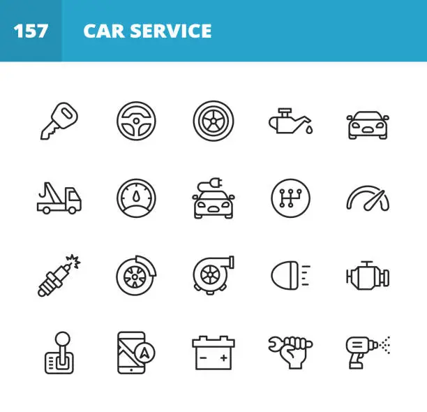 Vector illustration of Car Service and Auto Repair Shop Line Icons. Editable Stroke. Pixel Perfect. For Mobile and Web. Contains such icons as Car Accident, Mechanic, Steering Wheel, Tire, Wheel, Car Oil, Garage, Speedometer, Car Mirror, Navigation, Battery.