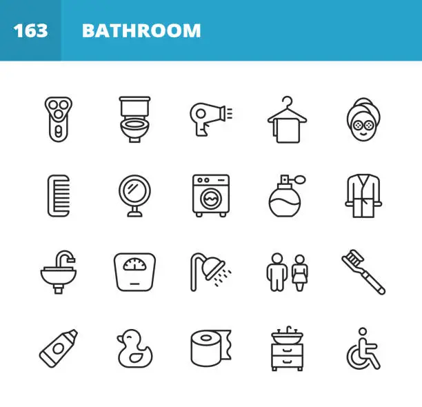 Vector illustration of Bathroom Line Icons. Editable Stroke. Pixel Perfect. For Mobile and Web. Contains such icons as Razor, Toilet, Hair Dyer, Towel, Hanger, Comb, Mirror, Washing Machine, Perfume, Faucet, Sink, Weight Scale, Soap, Soap Container, Toilet Paper, Bathtub.