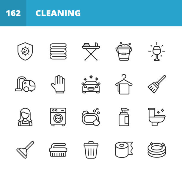 reinigungsliniensymbole. bearbeitbarer strich. pixel perfekt. für mobile und web. enthält solche symbole wie bakterien, reinigung, waschen, wischen, handtuch, bügeln, wäsche, eimer, staubsauger, reinigungshandschuhe, autowäsche, waschmaschine, seife,  - iron laundry cleaning ironing board stock-grafiken, -clipart, -cartoons und -symbole