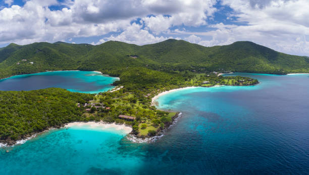 widok z lotu ptaka na zatokę caneel, st. john - caneel bay zdjęcia i obrazy z banku zdjęć