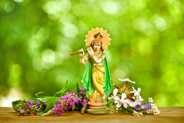 Hindu god Krishna. Hindu god Krishna. Statue with fresh flowers on a green bokeh background. pictures of krishna stock pictures, royalty-free photos & images