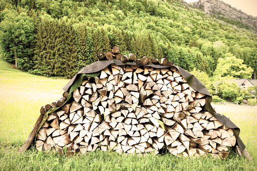 Firewood for heating on the front lawn in Austria. Vintage style