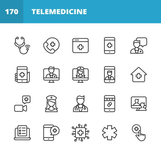 Telemedicine Line Icons. Editable Stroke. Pixel Perfect. For Mobile and Web. Contains such icons as Stethoscope, Telemedicine, Digital Healthcare, Video Call with Doctor, Online Consultation, Nurse, Doctor, Artificial Intelligence in Healthcare. 20 Telemedicine Outline Icons. Stethoscope, Telemedicine, Digital Healthcare, Healthcare Application, Calling Hospital, Video Call with Doctor, Online Consultation, Video Calling a Doctor, Nurse, Doctor, Man Describes Symptoms using Telemedicine, Checklist, Artificial Intelligence in Healthcare. health technology stock illustrations