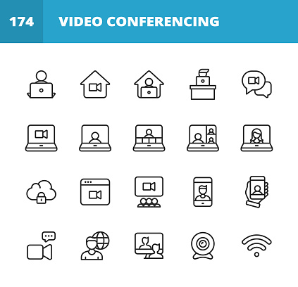 20 Video Conferencing Outline Icons. Camera, Video Chat, Online Messaging, Video Messaging, Video Call, Video Conference, Webinar, Remote Work, Working with Team, Smart Working, Teamwork, Video Conference Equipment, Business Team in Video Conference, Business People Communicating using Video Application, Remote Learning, Global Workforce, Computer Network, Wifi, Freelancer, Stay Home, Work from Home.