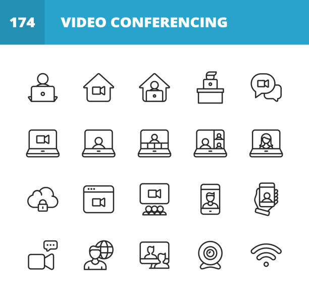 Video Conferencing Line Icons. Editable Stroke. Pixel Perfect. For Mobile and Web. Contains such icons as Camera, Video Chat, Online Messaging, Video Conference, Webinar, Remote Work, Teamwork, Remote Learning, Freelancer, Work from Home. 20 Video Conferencing Outline Icons. Camera, Video Chat, Online Messaging, Video Messaging, Video Call, Video Conference, Webinar, Remote Work, Working with Team, Smart Working, Teamwork, Video Conference Equipment, Business Team in Video Conference, Business People Communicating using Video Application, Remote Learning, Global Workforce, Computer Network, Wifi, Freelancer, Stay Home, Work from Home. professional video camera stock illustrations