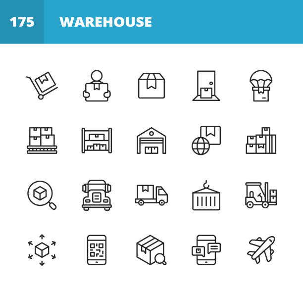 ilustrações de stock, clip art, desenhos animados e ícones de warehouse and distribution line icons. editable stroke. pixel perfect. for mobile and web. contains such icons as package, delivery, box, shipment, assembly line, inventory, garage, forklift, barcode, plane, logistics, distribution center, truck. - warehouse