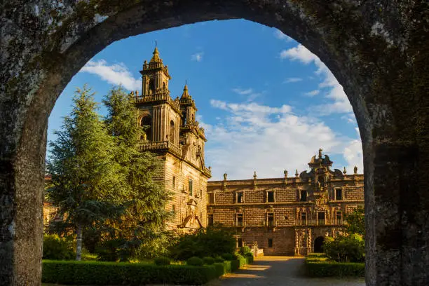 Cistercian monastery of Oseira in Saint Cristovo of Cea, Ourense, framed by an entrance arch