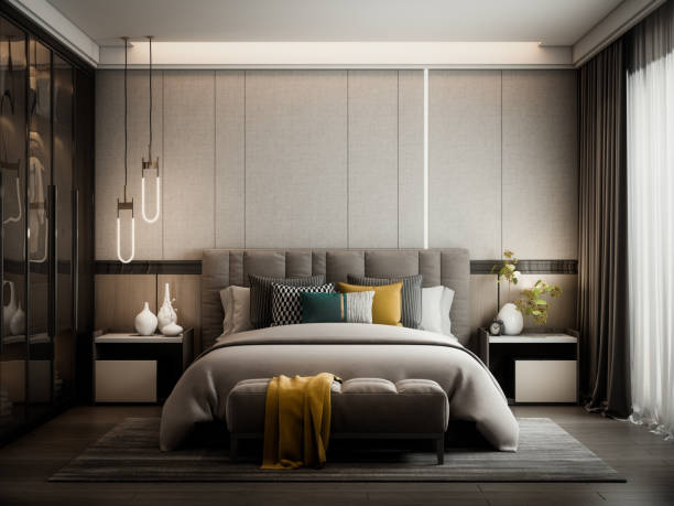 moderne stijl slaapkamer - kussen beddengoed stockfoto's en -beelden