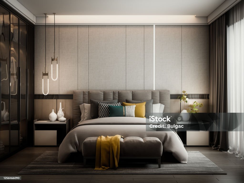 Modern Style Bedroom Digitally generated modern style bedroom interior design.

The scene was rendered with photorealistic shaders and lighting in Autodesk® 3ds Max 2020 with V-Ray 5 with some post-production added. Bedroom Stock Photo