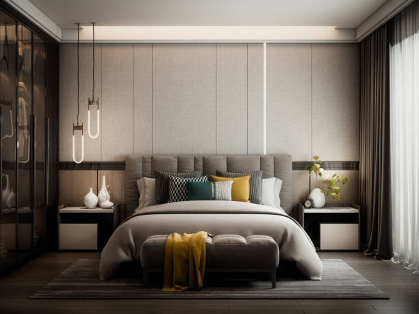 Modern Style Bedroom Digitally generated modern style bedroom interior design.
The scene was rendered with photorealistic shaders and lighting in Autodesk® 3ds Max 2020 with V-Ray 5 with some post-production added. bed decoration stock pictures, royalty-free photos & images
