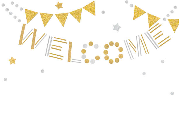 istock Gold and silver welcome bunting paper cut on white background 1256467166