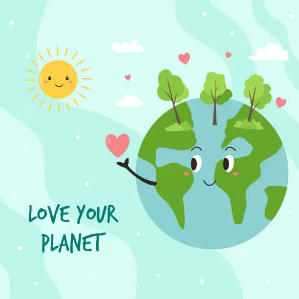 Vector illustration of Happy green Earth planet and text Love your planet.