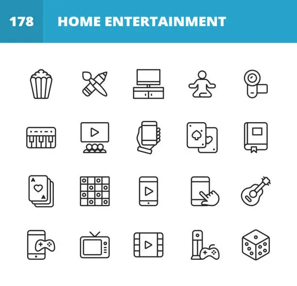 Vector illustration of Home Entertainment Line Icons. Editable Stroke. Pixel Perfect. For Mobile and Web. Contains such icons as Popcorn, Movie, Art Supplies, Painting, Drawing, Camera, Keyboard, Mobile, Reading Books, Poker, Checkers, Mobile Video, Mobile Games, Dice.