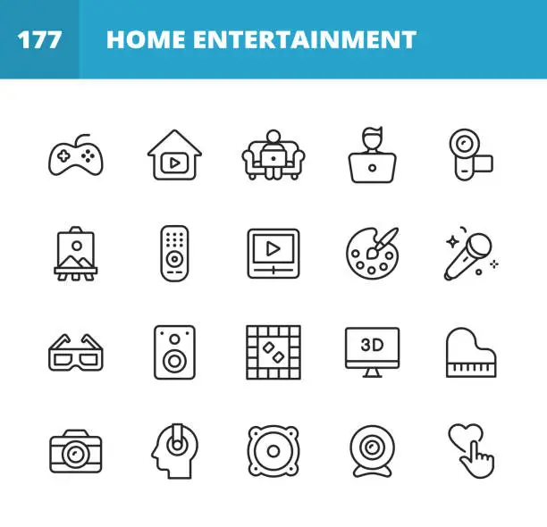 Vector illustration of Home Entertainment Line Icons. Editable Stroke. Pixel Perfect. For Mobile and Web. Contains such icons as Video Games, Streaming, Camera, Painting, Art, Remote Control, Singing, Karaoke, Music, Board Game, Piano, Camera, Headphones, Dating, Social Media.