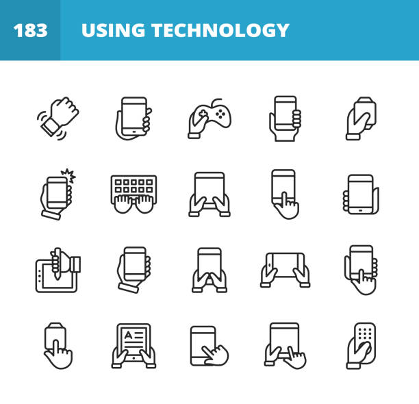 기술 라인 아이콘을 사용 합니다. 편집 가능한 스트로크. 픽셀 완벽한. 모바일 및 웹용. 스마트 워치, 스마트 폰, 노트북, 태블릿, 키보드, 비디오 게임, 전자 리더, 알림, 셀카 복용, 집에서 작업,  - electronic book reader stock illustrations