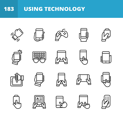 20 Using Technology Outline Icons. Smartwatch Notification, Holding Smartphone, Using Technology, Playing Video Games, Taking Selfie, Taking Photograph, Typing, Holding Digital Tablet, Tap Gesture,  Pressing the Button, Drawing or Painting on Digital Tablet, Reading E-Book, Tablet, Smartphone, Mobile Phone, Laptop, Desktop Computer, Gaming Console, Smartwatch, Video Conference, Online Messaging, Text Messaging, Online Video, Working From Home.