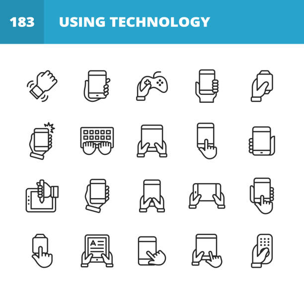 Using Technology Line Icons. Editable Stroke. Pixel Perfect. For Mobile and Web. Contains such icons as Smartwatch, Smartphone, Laptop,Tablet, Keyboard, Video Games, E-Reader, Notification, Taking Selfie, Work From Home, Video Conference, Technology. 20 Using Technology Outline Icons. Smartwatch Notification, Holding Smartphone, Using Technology, Playing Video Games, Taking Selfie, Taking Photograph, Typing, Holding Digital Tablet, Tap Gesture,  Pressing the Button, Drawing or Painting on Digital Tablet, Reading E-Book, Tablet, Smartphone, Mobile Phone, Laptop, Desktop Computer, Gaming Console, Smartwatch, Video Conference, Online Messaging, Text Messaging, Online Video, Working From Home. hand holding phone stock illustrations
