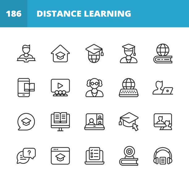 Distance Learning, Homeschooling Line Icons. Editable Stroke. Pixel Perfect. For Mobile and Web. Contains such icons as Book, Student, E-Learning, University, Graduation, Teaching, Online Course, Video Conference, Mobile App, Exam, Video Tutorial. 20 Distance Learning, Homeschooling Outline Icons. Reading Book, Homeschooling, Learning at Home, Global Education,  Remote Education, Educational Mobile App, Learning App, Video Tutorial, Online Course, Watching Video Tutorial, Online Conversation, Video Conference, E-book, Video Chat, Video Call, Online Exam, Listening to Podcast, Audiobook. professor business classroom computer stock illustrations