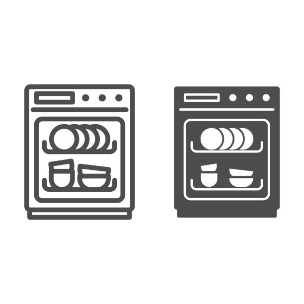 ilustrações de stock, clip art, desenhos animados e ícones de dishwasher line and solid icon, kitchen equipment concept, dish washer machine sign on white background, dishwasher icon in outline style for mobile concept and web design. vector graphics. - plate square square shape white