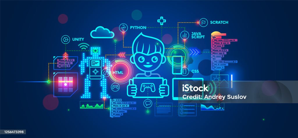 Menino Programando Vetores de Crianças Aprendendo A Codificar Programando Na Escola De Ti ...