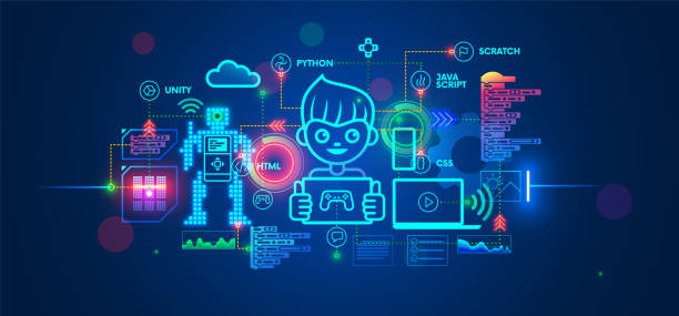 ilustrações de stock, clip art, desenhos animados e ícones de kids learning to coding, programming in online it school. engineering courses in internet for talented children. boy studying game development, robotics technology, creations program code on computer - programador