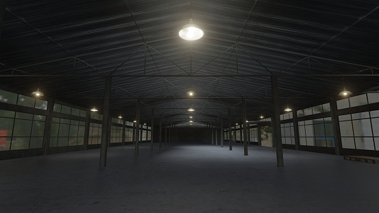 Empty factory building, dark warehouse with lamps. 3D rendering image