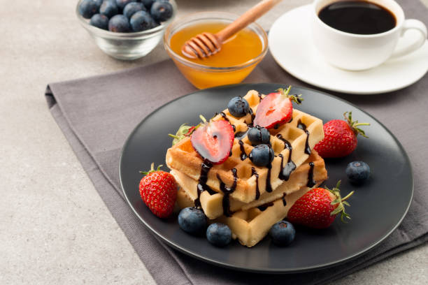 istock Photo of Belgian waffles. Dessert breakfast concept. 1256474021