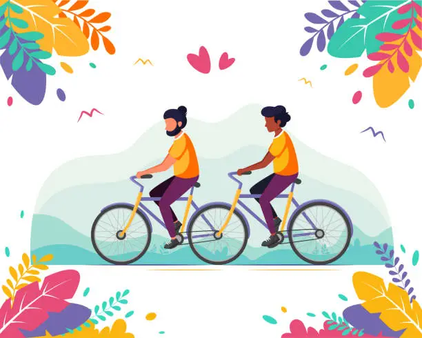 Vector illustration of LGBT concept. Male gay couple riding on a tandem bicycle. Vector illustration in flat style.
