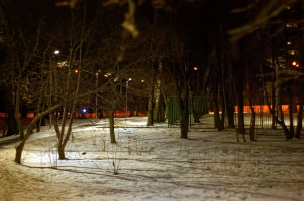 istock alley with lanterns at night in winter 1256477962