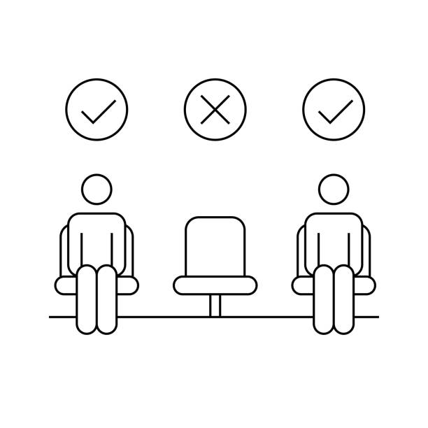 Movie theater reopen concept. Two men in seats with one empty chair. Social distancing in public places. Stick man line icon. Black outline on white background. Vector illustration, flat, clip art. waiting room stock illustrations