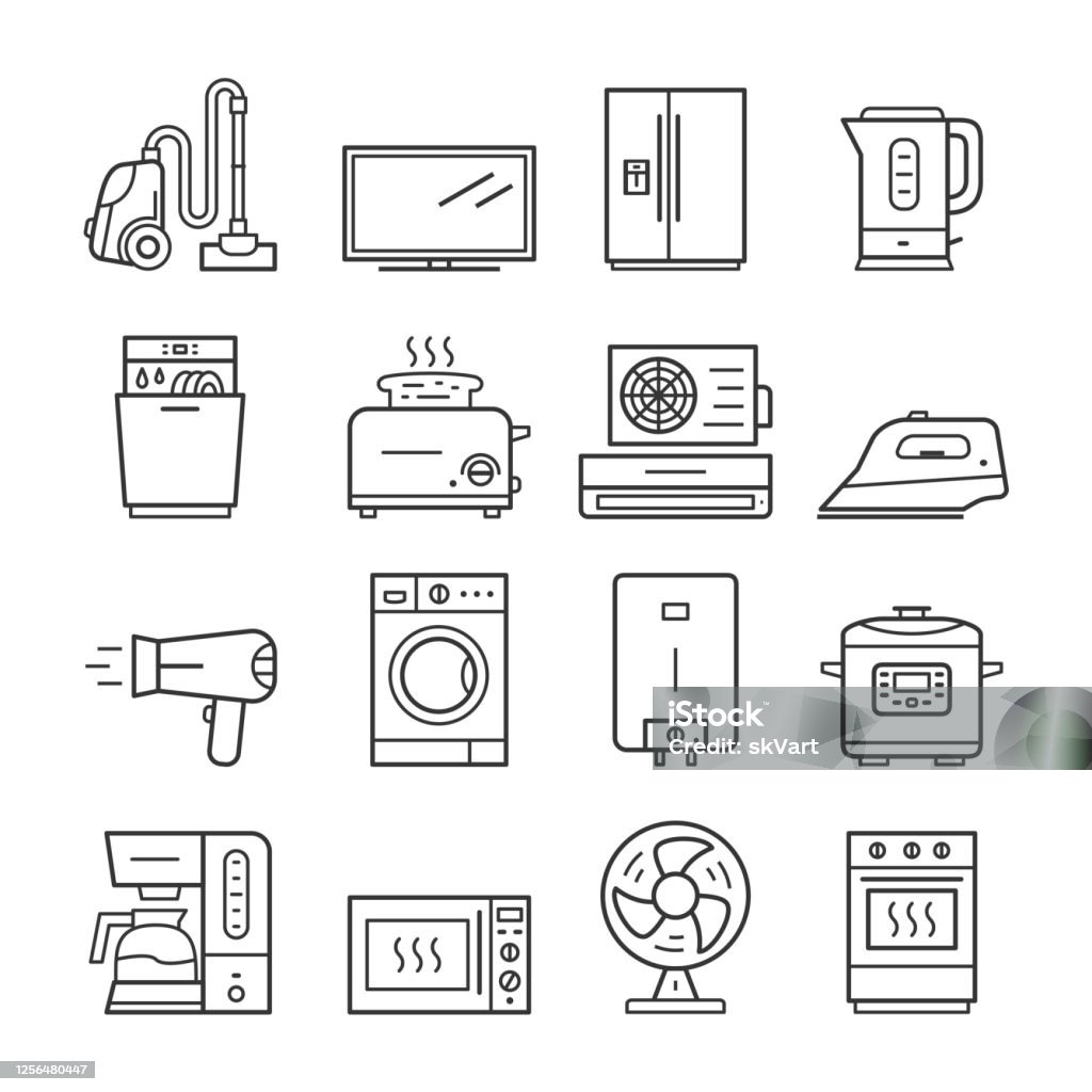 Modern household domestic appliances thin line icon set - Royalty-free Ícone arte vetorial