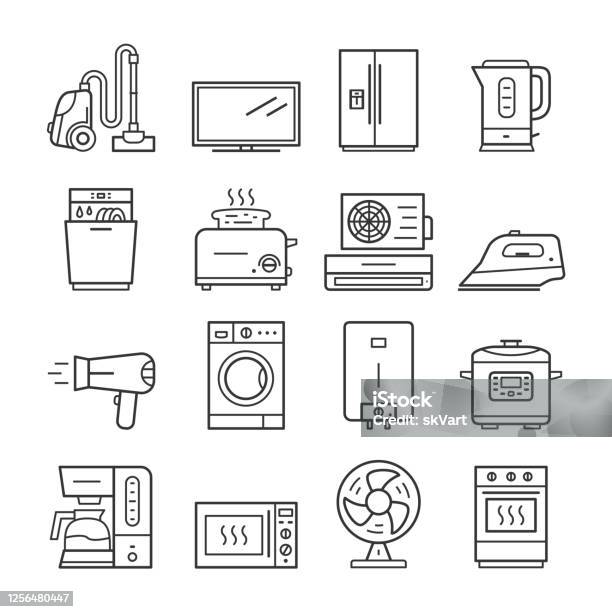 Modern Household Domestic Appliances Thin Line Icon Set - Arte vetorial de stock e mais imagens de Ícone