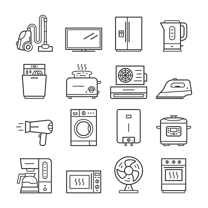 Modern household domestic appliances thin line icon set. Outline vector symbols and linear signs isolated on white background