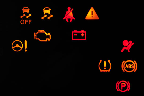 Car alert icons on dashboard Car alert icons lamp on dashboard close up view engine failure stock pictures, royalty-free photos & images