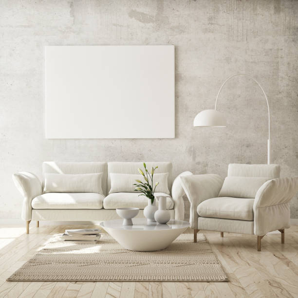 istock mock up poster frame in modern interior background, scandinavian style, 3D render 1256483372