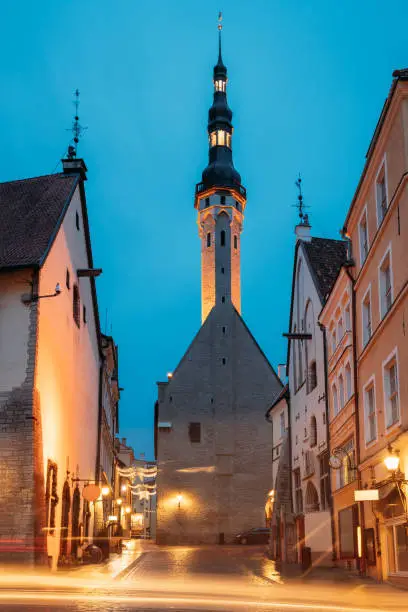 Photo of Tallinn, Estonia. Night Evening View Of Old Town Hall. Famous Landmark. Destination Scenic. UNESCO