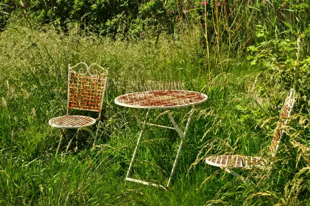 Photo of two shabby and weathered rusty chairs and a table of metal in a wild garden with long green grass